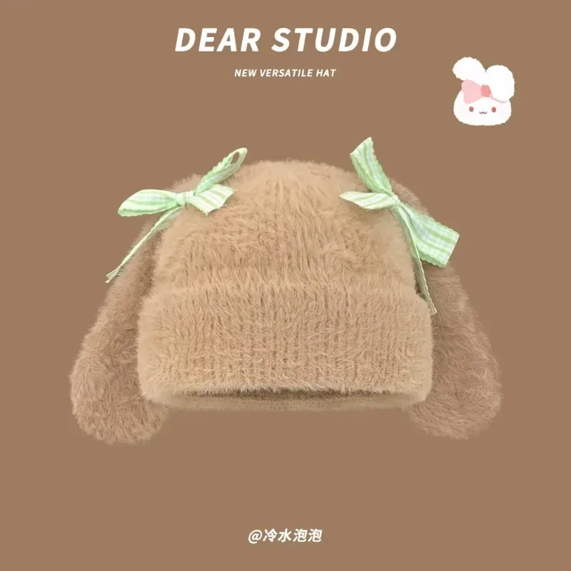 2025 New Japanese Sweet Bow Rabbit Ear Plush Knitted Hat Women's Winter Plush Warm Cute Ear Protector Skull Beanie Cap Bonnet