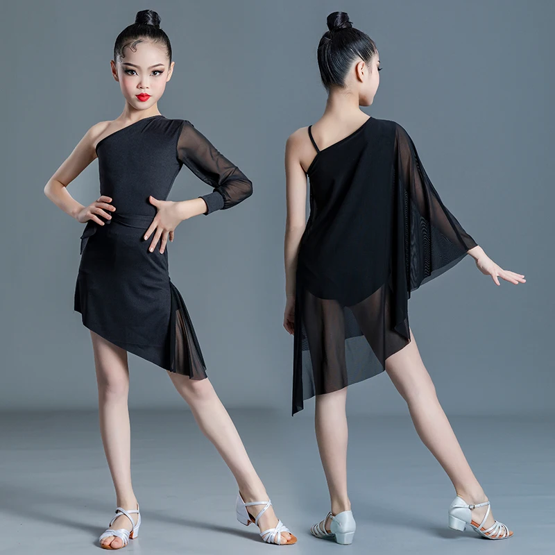 New Children Latin Dance Dress Girls Practise Black Mesh Dance Dress Cha Cha Samba Stage Professional Performance Dance Clothes