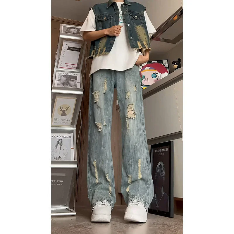 Retro American Style Distressed Beggar Ripped Jeans Men's Summer New Casual Pants Tall Straight Bootcut Trousers