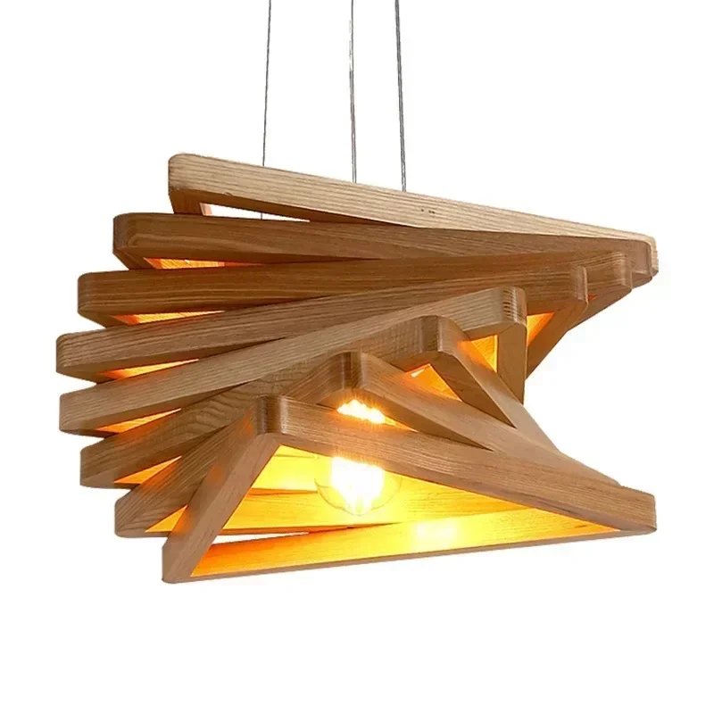 Modern Solid Wood Triangle Chandelier For Living Room Bar Restaurant House Decoration Lighting Led Indoor Hanging Lamp