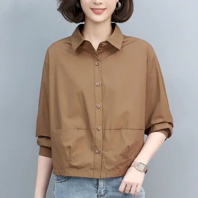 

New Turn-down Collar Loose Simplicity Women's Clothing 2023 Button Fashion Casual Straight Spring Summer Thin Dignified Blouses