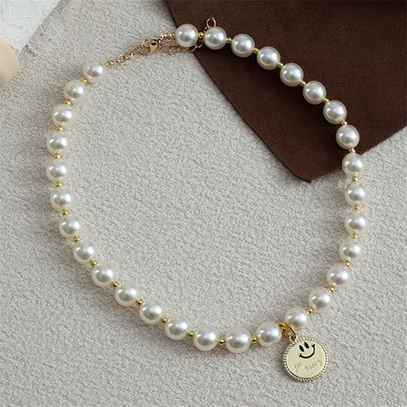 Fashion Cute Pearl Pet Collar Smiling Angel Alloy Pendant Handmake Adjustable Neck Cats Necklace Jewelry for Dog Cat Supplies