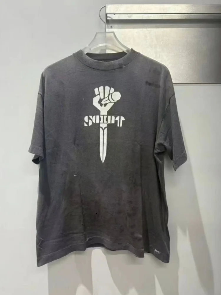 

Saint Retro Distressed Cotton T Shirt Mens Oversized American Vintage Street Style Tee