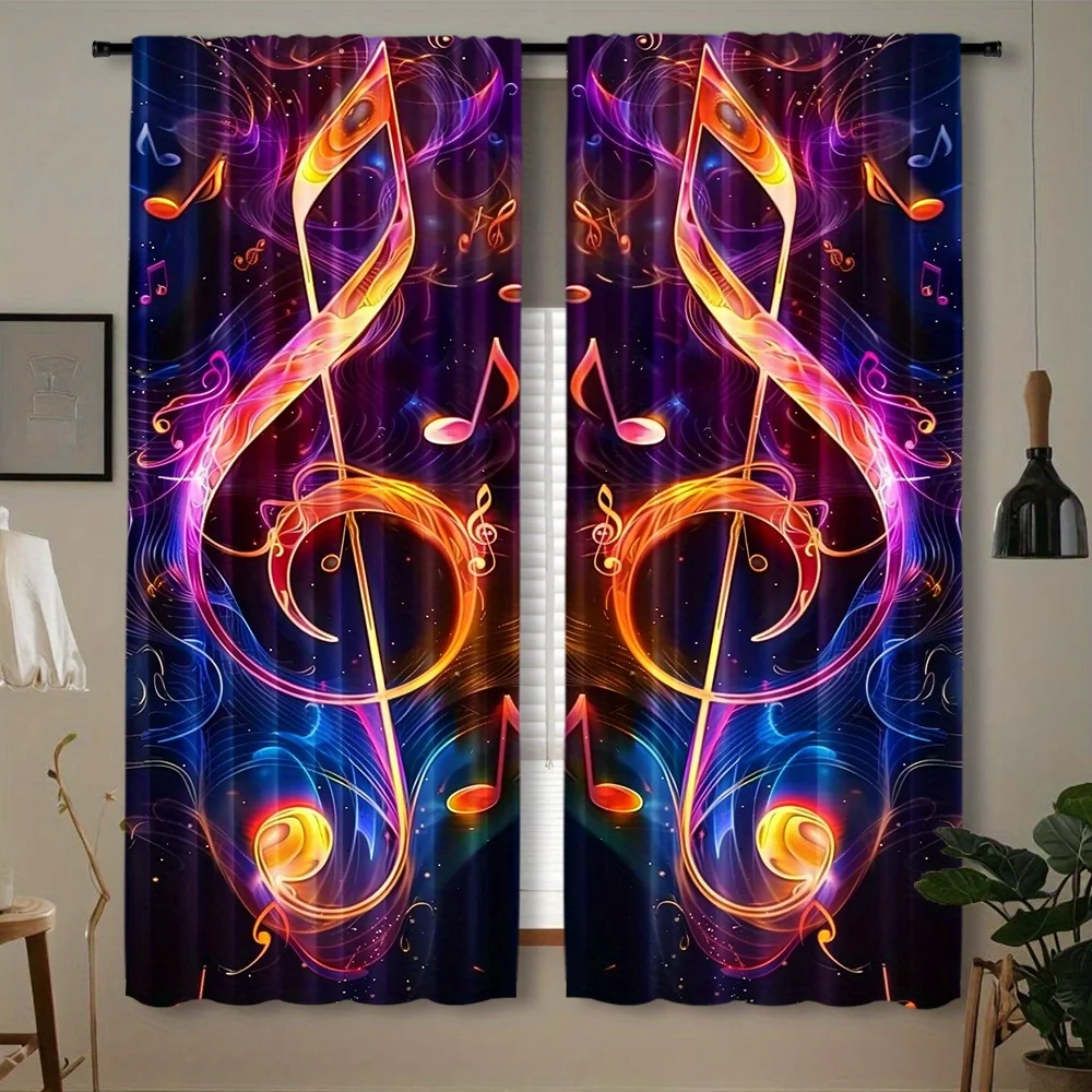 Colorful Music Note Curtain, Neon Treble Clef Art Drape, Abstract Melody Window Treatment for Living Room Studio Home Decor