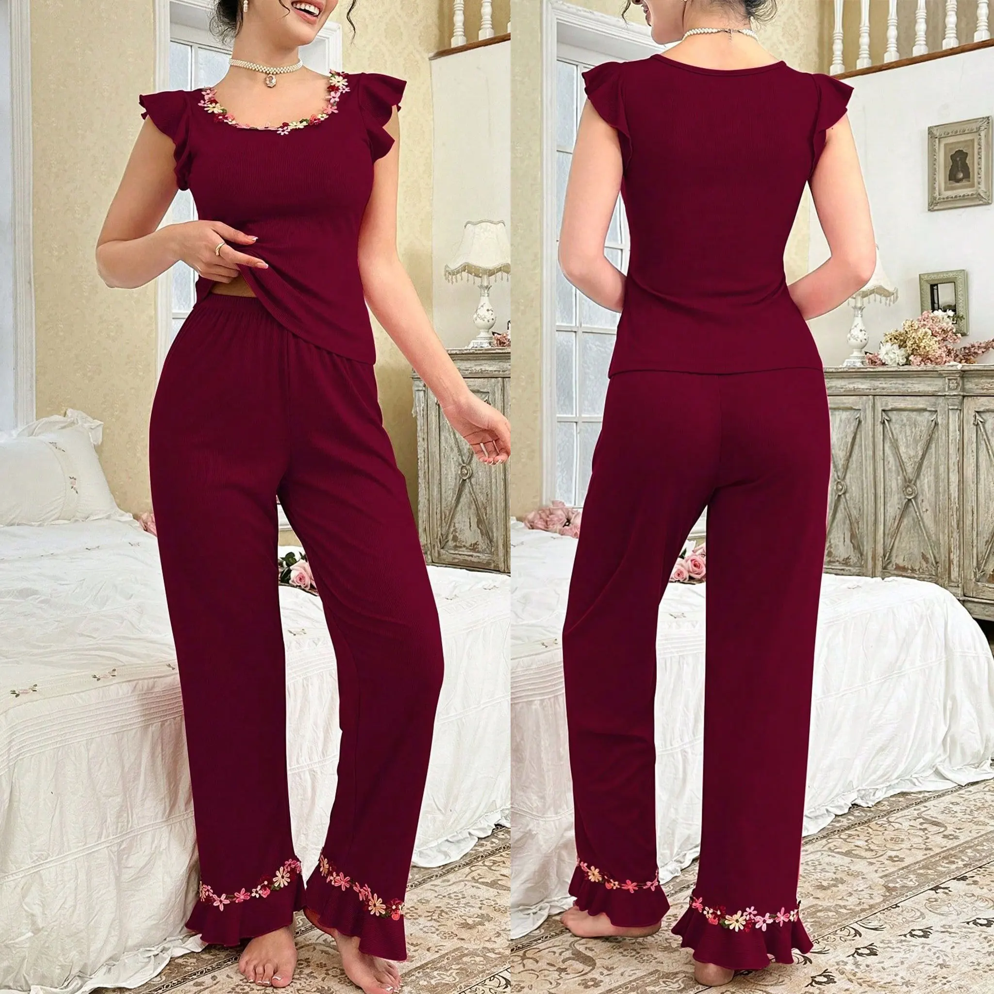 Women Pajamas Set Summer New Fashion Embroidered Flower Round Neck Pullover Top and Stretch Flared Pants Two-piece Home