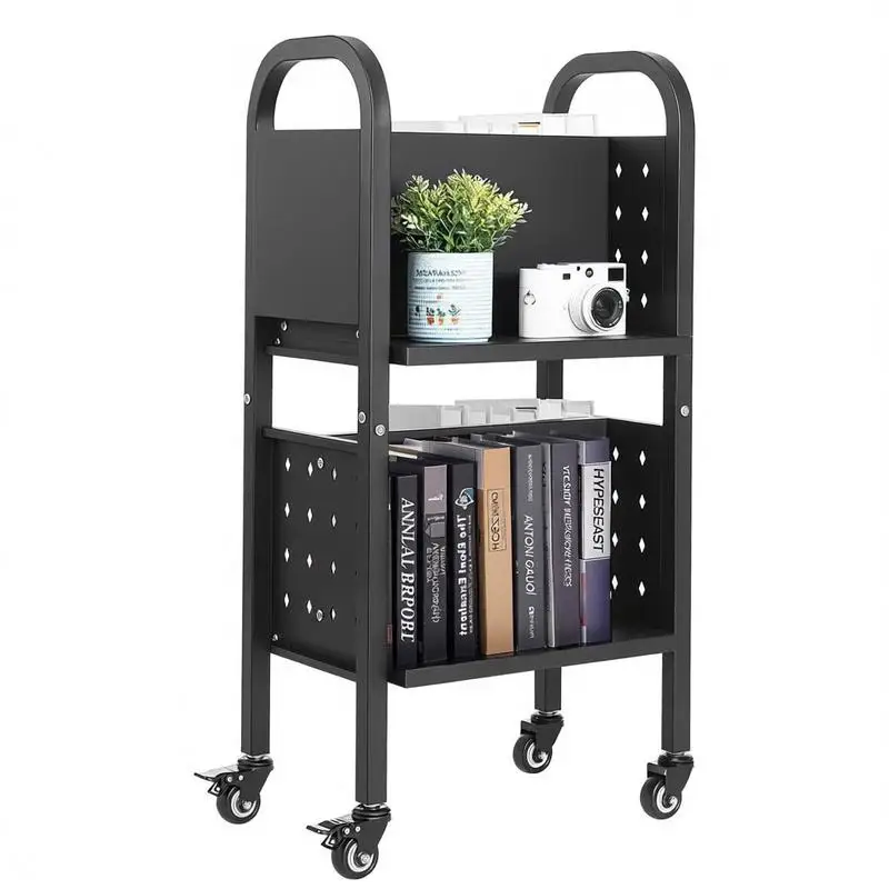 

Free Shipping-Mobile Shelving Trolley 17.7x13.0x34.6-Inch For Library Office School, 150 lbs Capacity Double Sided L-Shaped Tiers 2-Inch Lockable Casters Metal Book Organizer Black