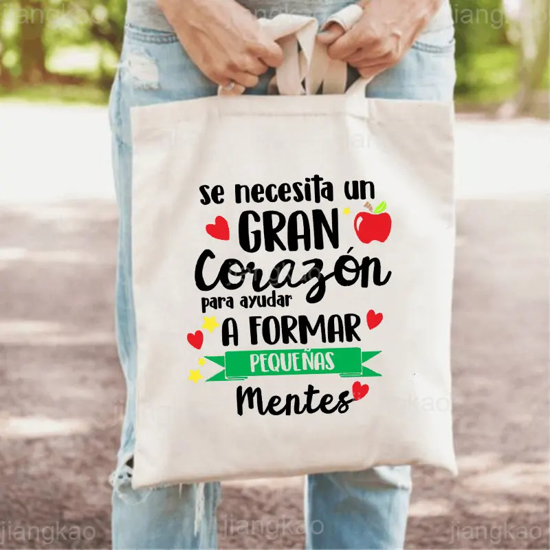 It\'s Takes A Big Heart To Shape Little Minds Spanish Print Shoulder Bag Female Shopping Tote Travel Handbag Bookbag Teacher Gift