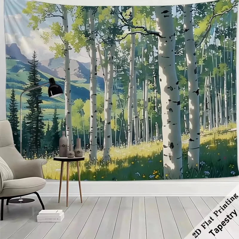 Huge Forest Scene Birch Tree Tapestry, Boho Green Landscape Wall Hanging Nature Decor Art for Living Room Bedroom Dorm Gift