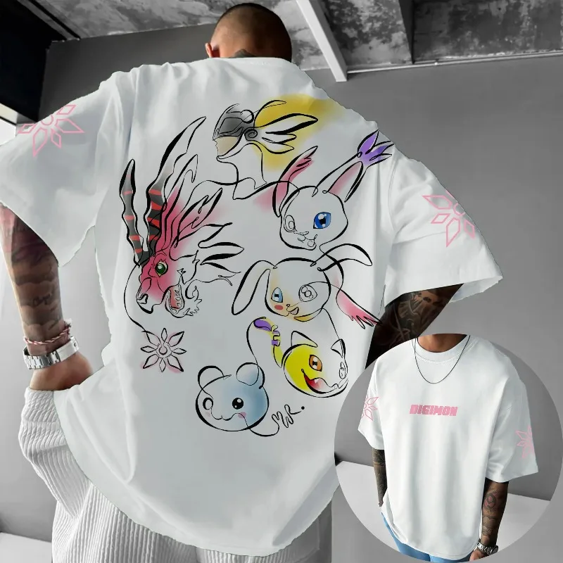 ديجمون مغامرة قميص الانمي 2025 الصيف الرجال والنساء جديد Tailmon مطبوعة Y2K فضفاض عادية Harajuku قصيرة الأكمام #3