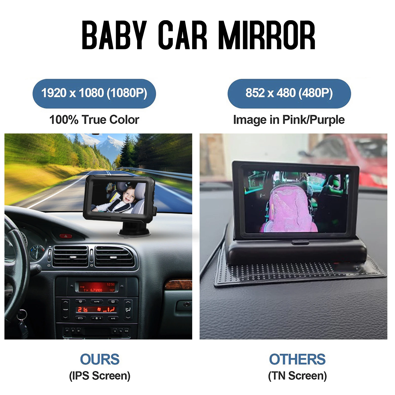 Rear View Monitor 4.3\'\' IPS Screen Baby Car Mirror Adjustable Wide View Angle for Infants Kids Pets Night Vision Function