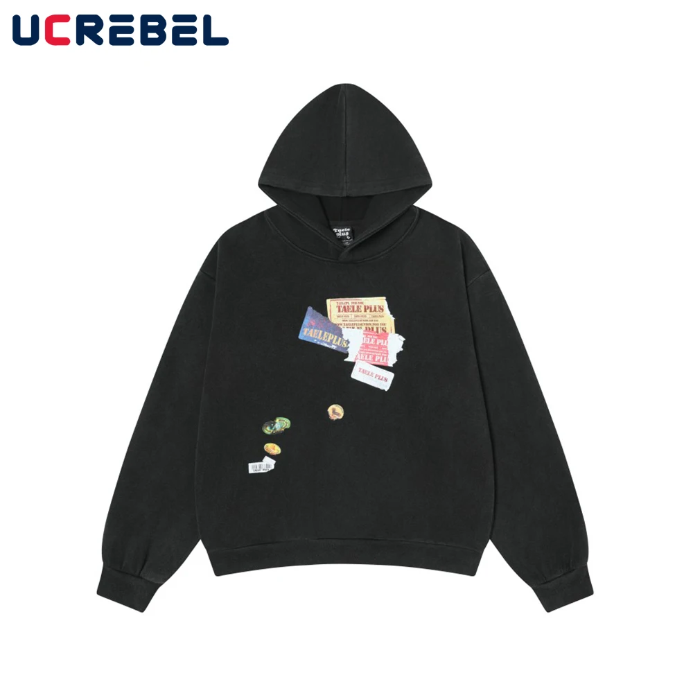 

Creative Print Hooded Sweatshirts Mens Autumn Retro High Street Drop Shoulder Long Sleeve Loose Hoodies Men