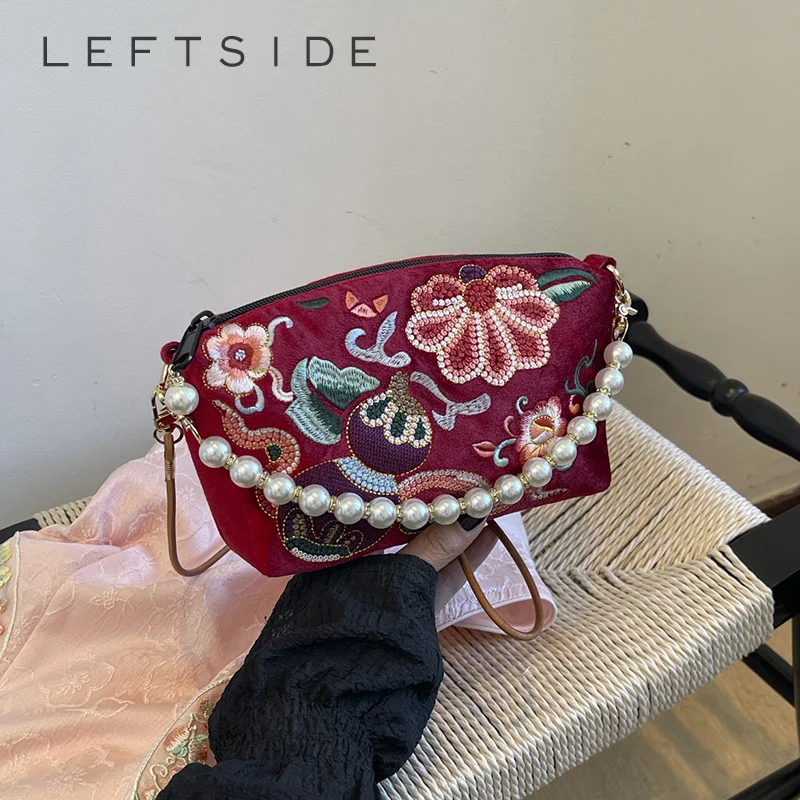 

Women Chinese Vintage Floral Embroidery Velvet Shoulder Bag Pearl Chain Crossbody Clutch Purse 2026 New Trend Fashion Handbags
