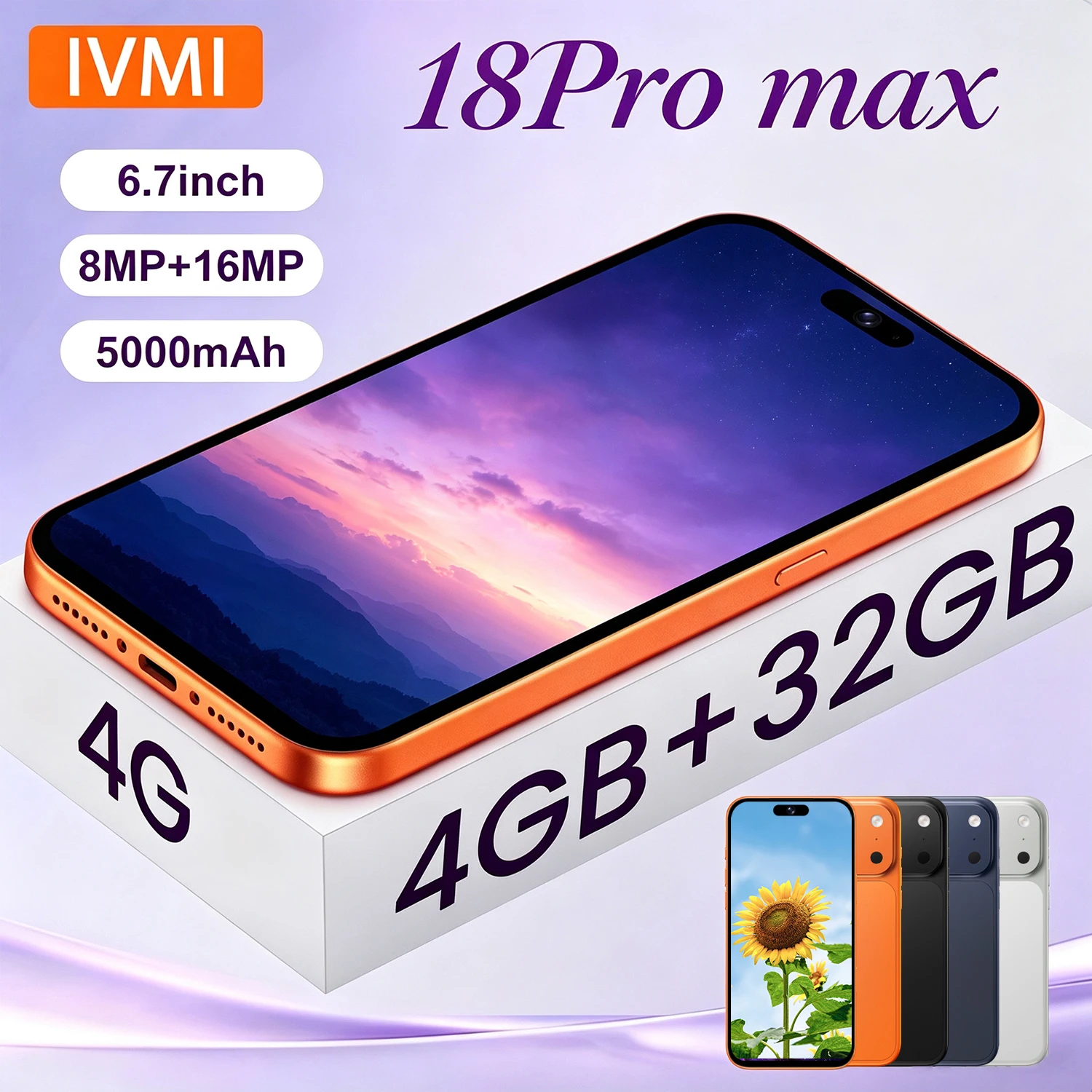 IVMI Global Vision 18Pro Max Smartphone 6.7Inch Android 12 4GB RAM 32GB ROM Face ID Google Play Store Fingerprin Mobile Phones