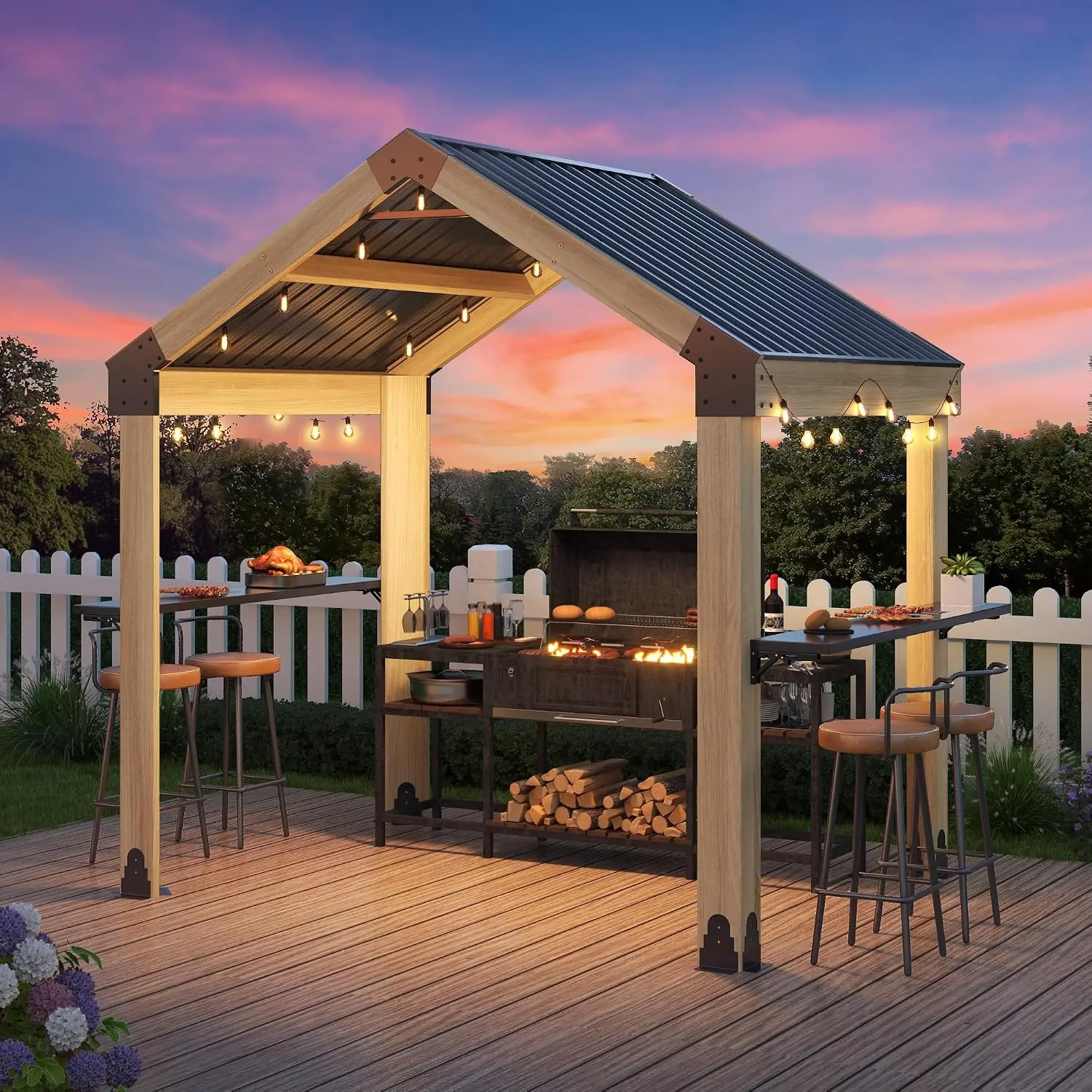 6'x8' Outdoor Grill Gazebo, Wood BBQ Gazebo Hardtop with Sloping Galvanized Steel Roof, 2 Full Size Shelves with BBQ Wooden