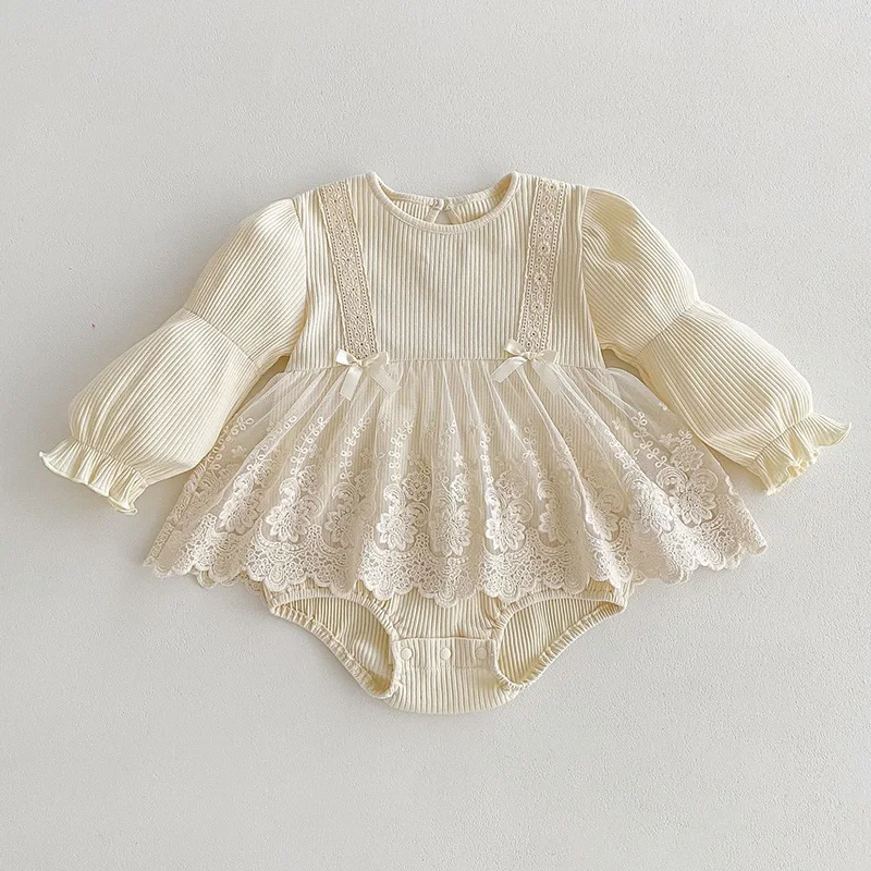 

2024 Spring New Infant Baby Girl Bodysuits Long Sleeved Cotton Lace Splicing Newborn Baby Girl Jumpsuit 0-24M Children Clothes