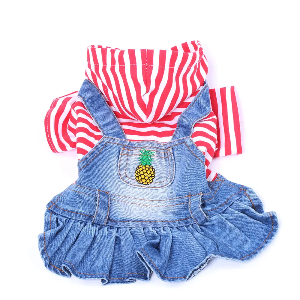 Striped Pet Dog Jean Dress Coat Denim Cat Puppy Skirt Fruit Patterns Pet Clothing Outfit