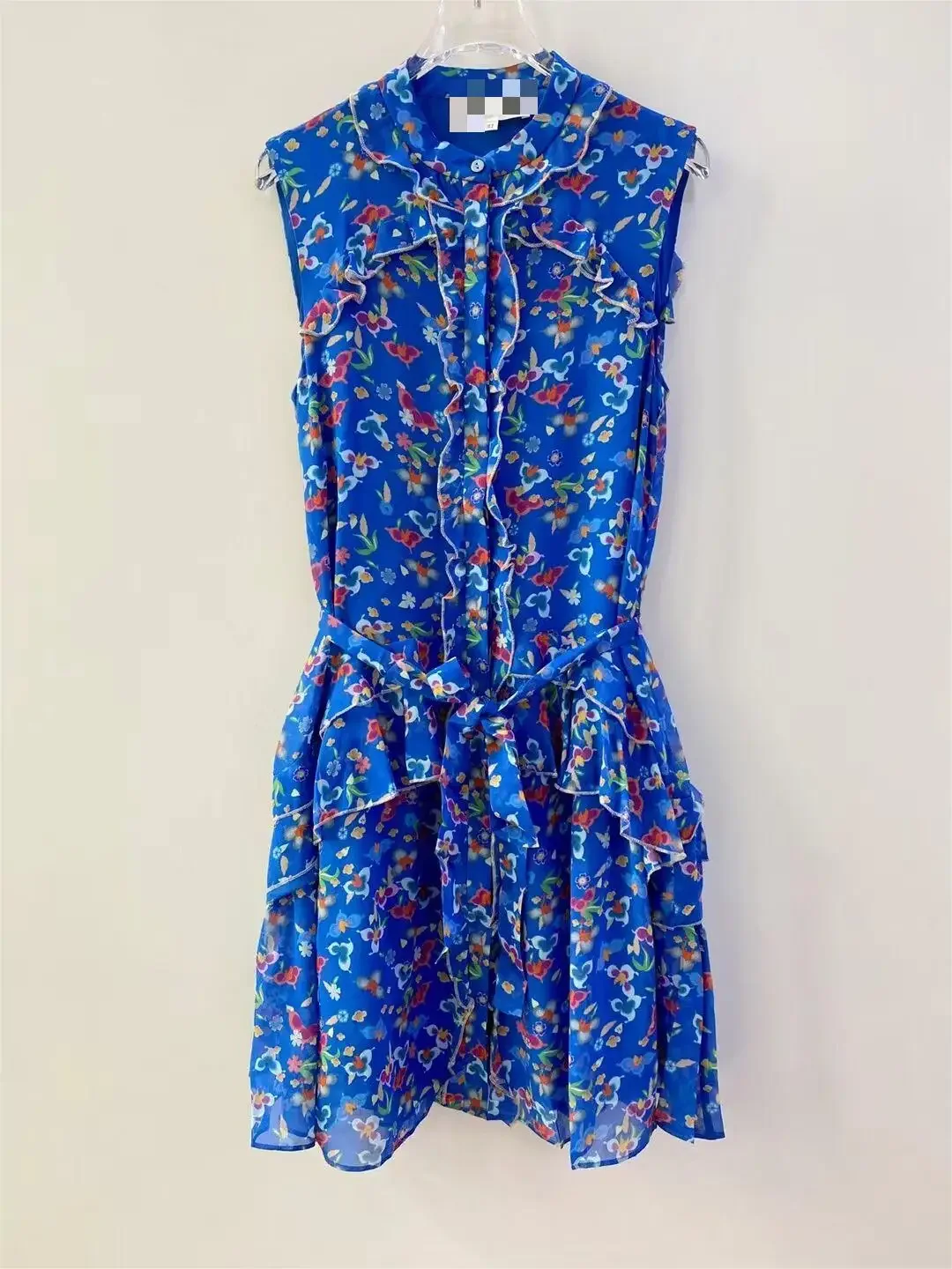 Ruffle edge printed silk style waist cinching dress