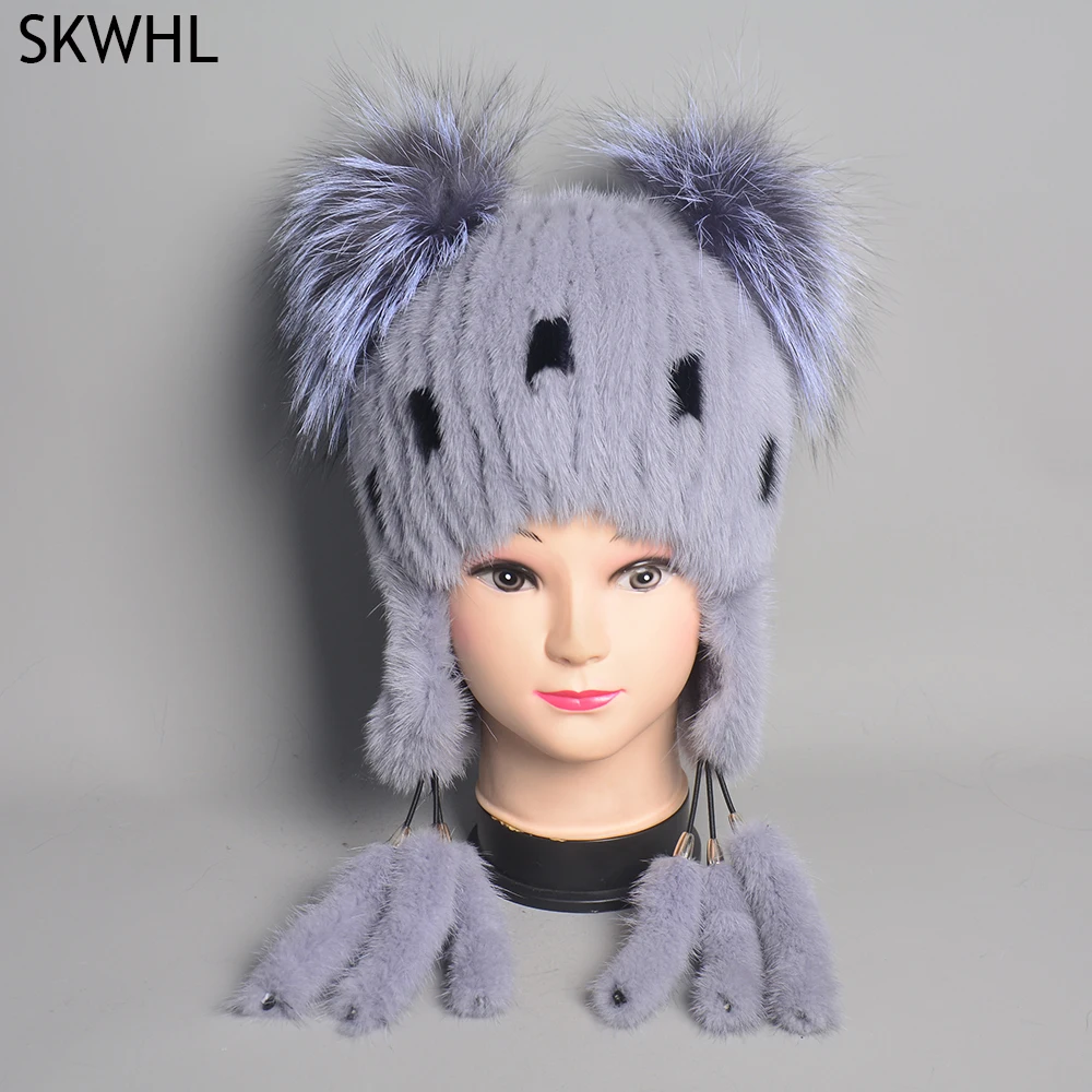 Women bomber ear hats knitted natural mink fur tails earflap winter hat