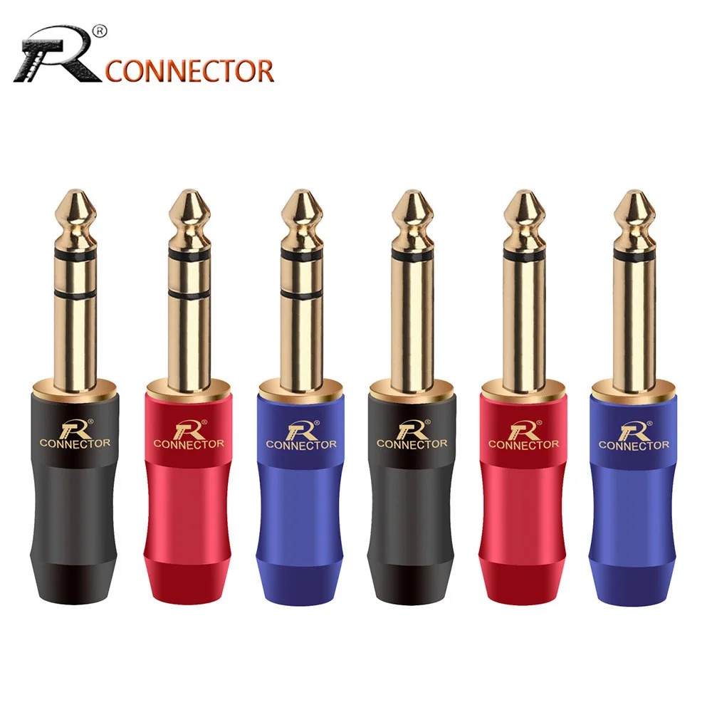 1pc New Arrival Copper Jack 6.35mm Gold-Plated Audio Plug Connector 6.35mm Stereo Plug Assembly Microphone Black&Blue&Red