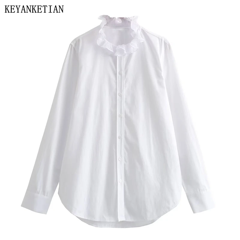 KEYANKETIAN 2025 New Women's Mid-length Poplin Shirt Agaric Decoration Single Breasted Long Sleeve Loose White Blouse Retro Top