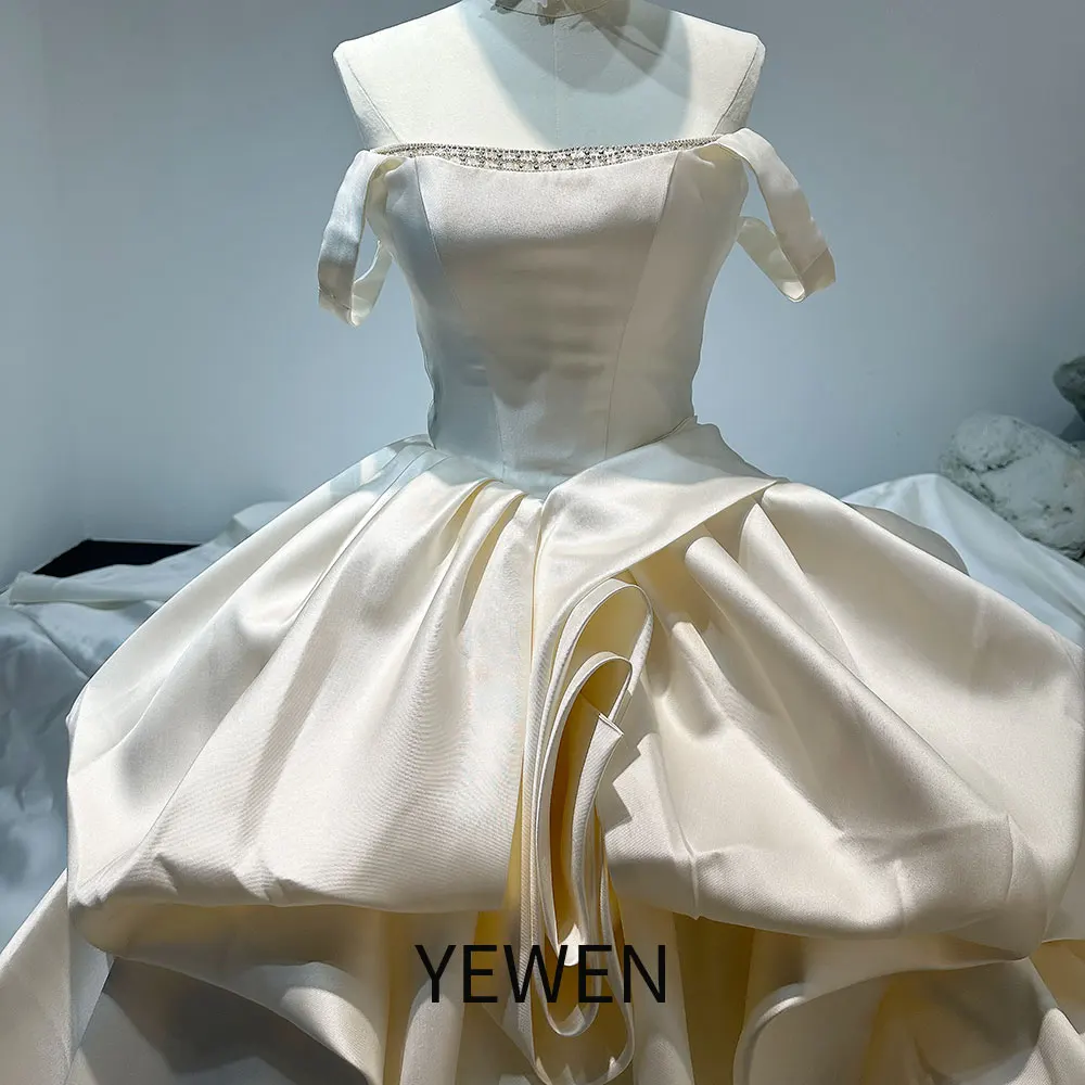 1.5M Train Ball Gown French Satin Wedding Dress Off Shoulder Prom Gown White A Line Wedding Gown Minimalist Satin Gown YW0833