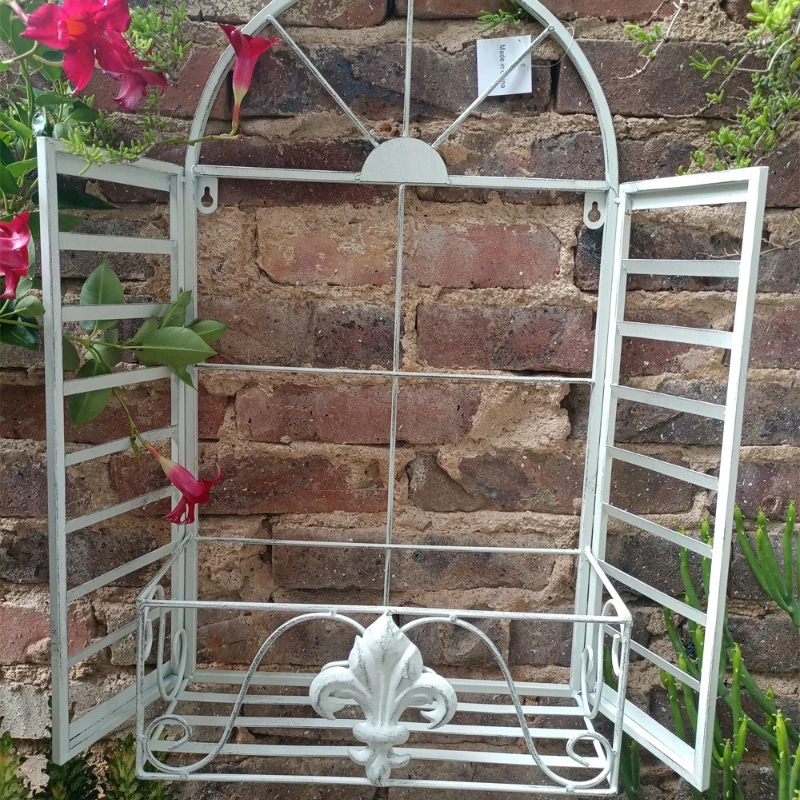

French Style Wall Planter Vintage Faux Window Flower Shelf for Garden Iron Balcony Bonsai Rack Rustic Homestay Hanging Decor