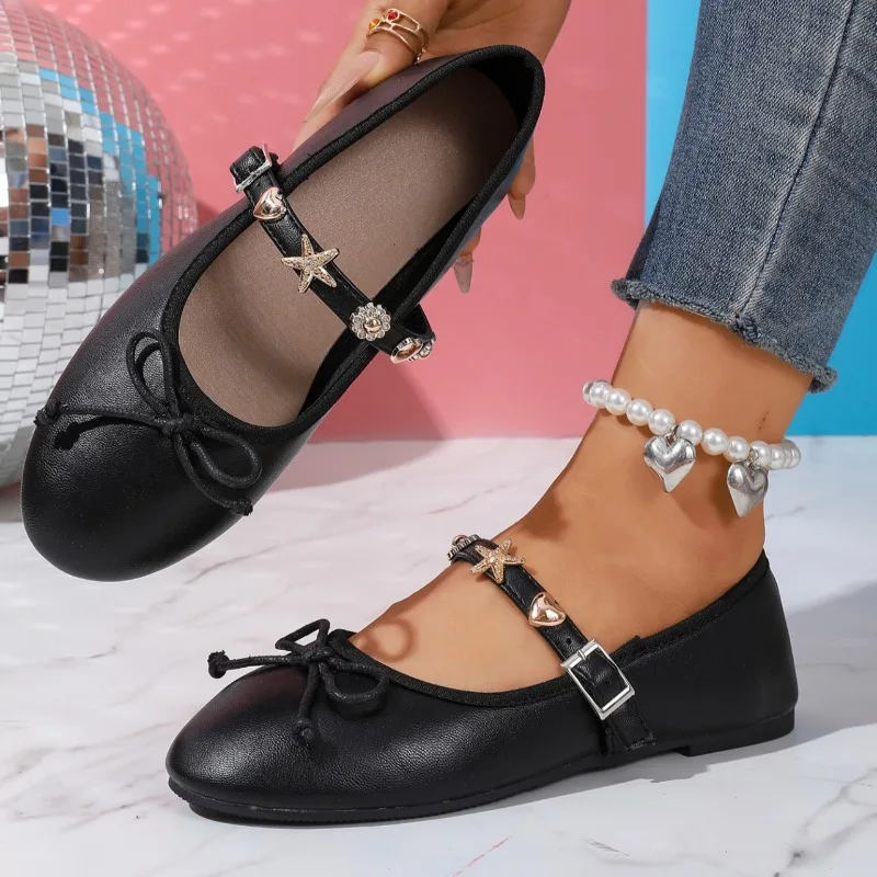 Metal Decorative One Word Buckle Super Soft Single Shoes Fashion Large Round Head Flat Shoes