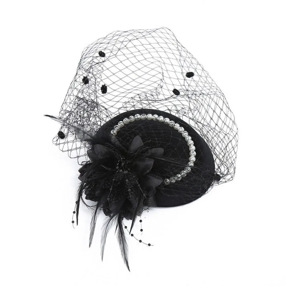 New Elegant Bridal Headwear Vintage Mesh Pillbox Hats Pearl Flower Temperament Fascinators Hat For Women view 5