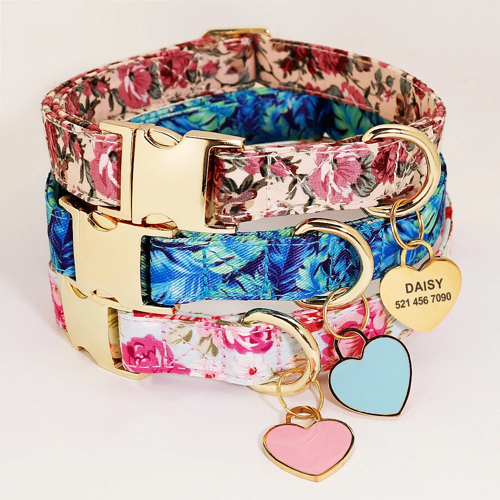 Personalized Dog Collar Custom Engraved Pet ID Tag Collars Flower Nylon Dog Heart Tag Nameplate Adjustable For Medium Large Dogs