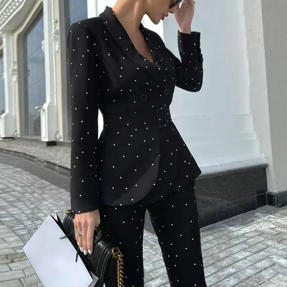 Spring Women Long Sleeve Coat Women Dot Suit Formal Business Style Women's Coat Pants Set with Belted Tight Waist Long for Ol