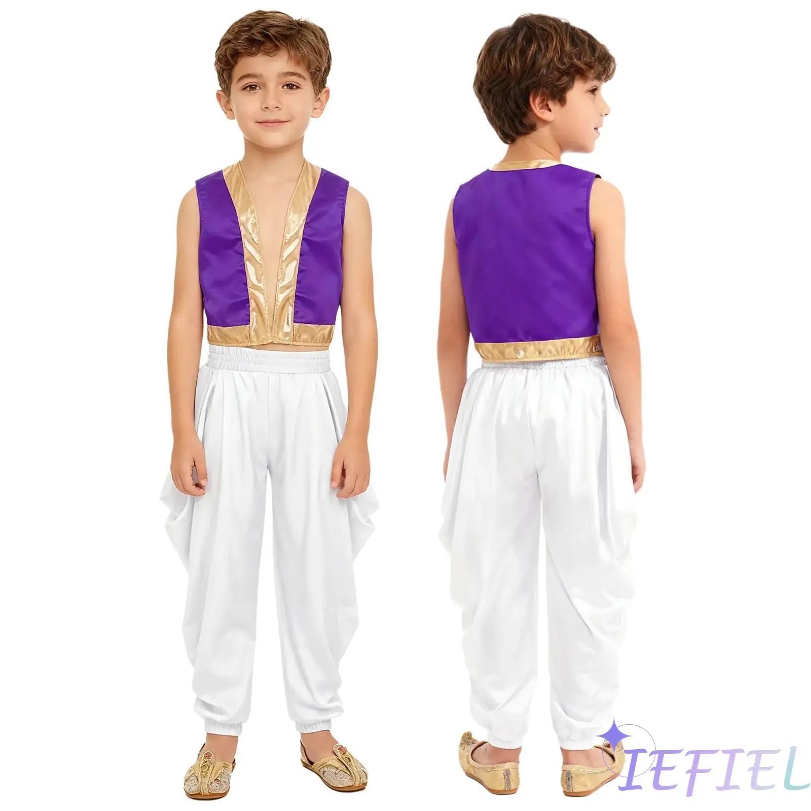 

Kids 2 Pieces Arabian Prince Outfit Loose Vest with Satin Dhoti Pants Loose Baggy Trousers for Halloween Carnival Cosplay Party