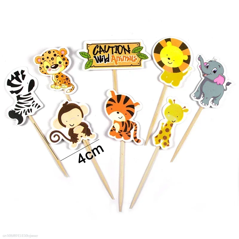 24PCS Safari Jungle Animal Cupcake Toppers Picks Happy Birthday Party Decoration Kids Baby Shower  Favors Cake Decoration