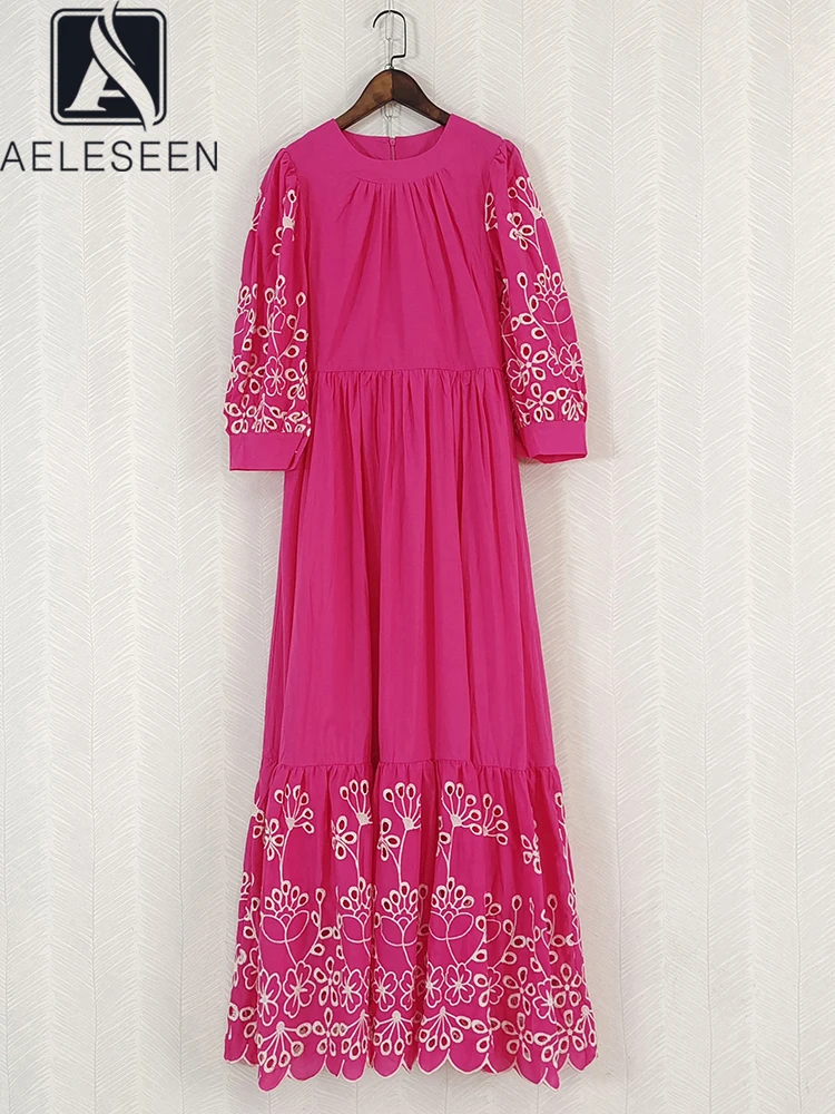 

AELESEEN Vintage Women Maxi Dress Design Fashion Autumn Half Sleeve Hollow Out Rose Red Blue Embroidery Elegant Party