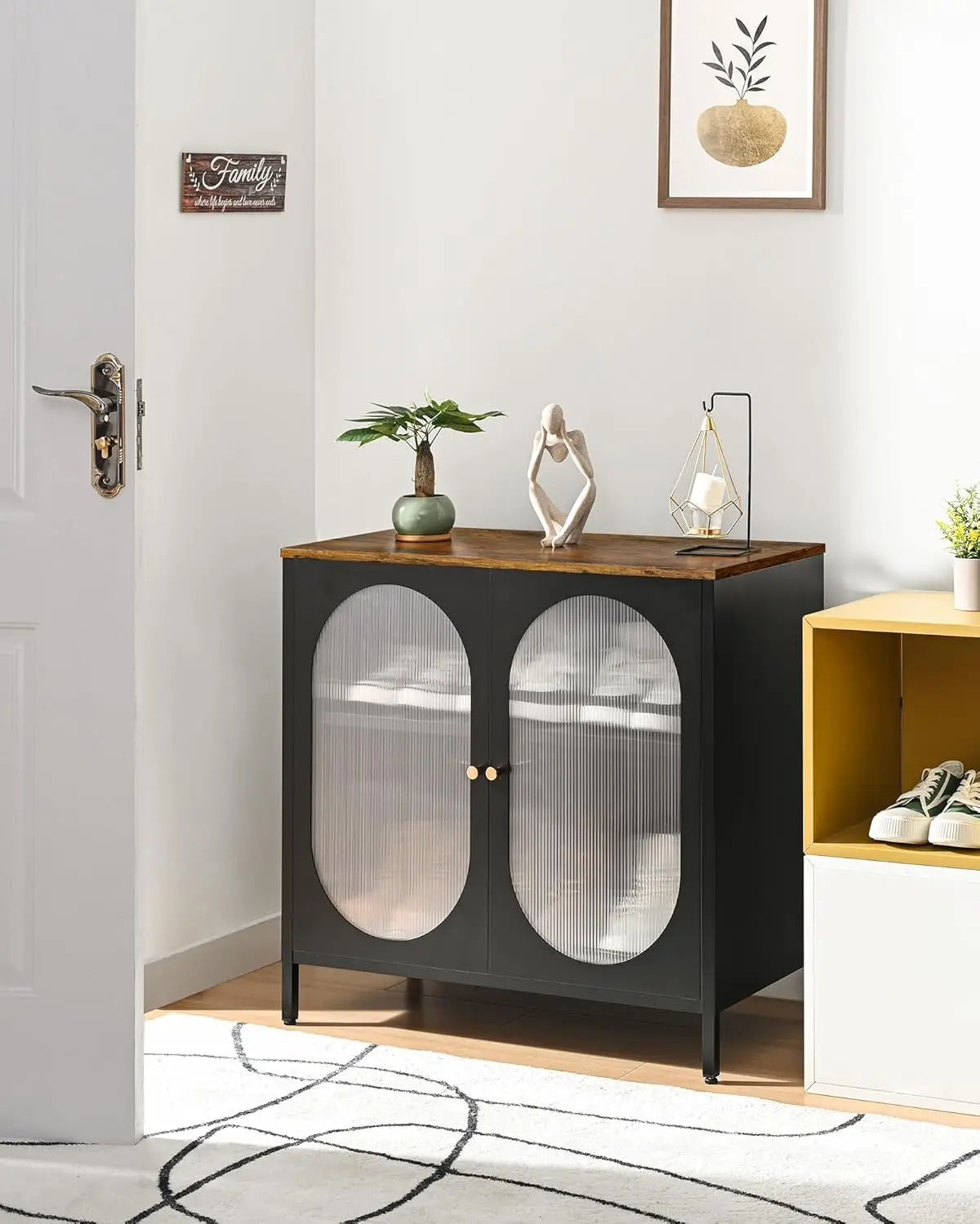 

Buffet Sideboard, Metal Storage Cabinet With Translucent Pc Board Doors, Wooden Tabletop, Two Color Handles, Cabinet For
