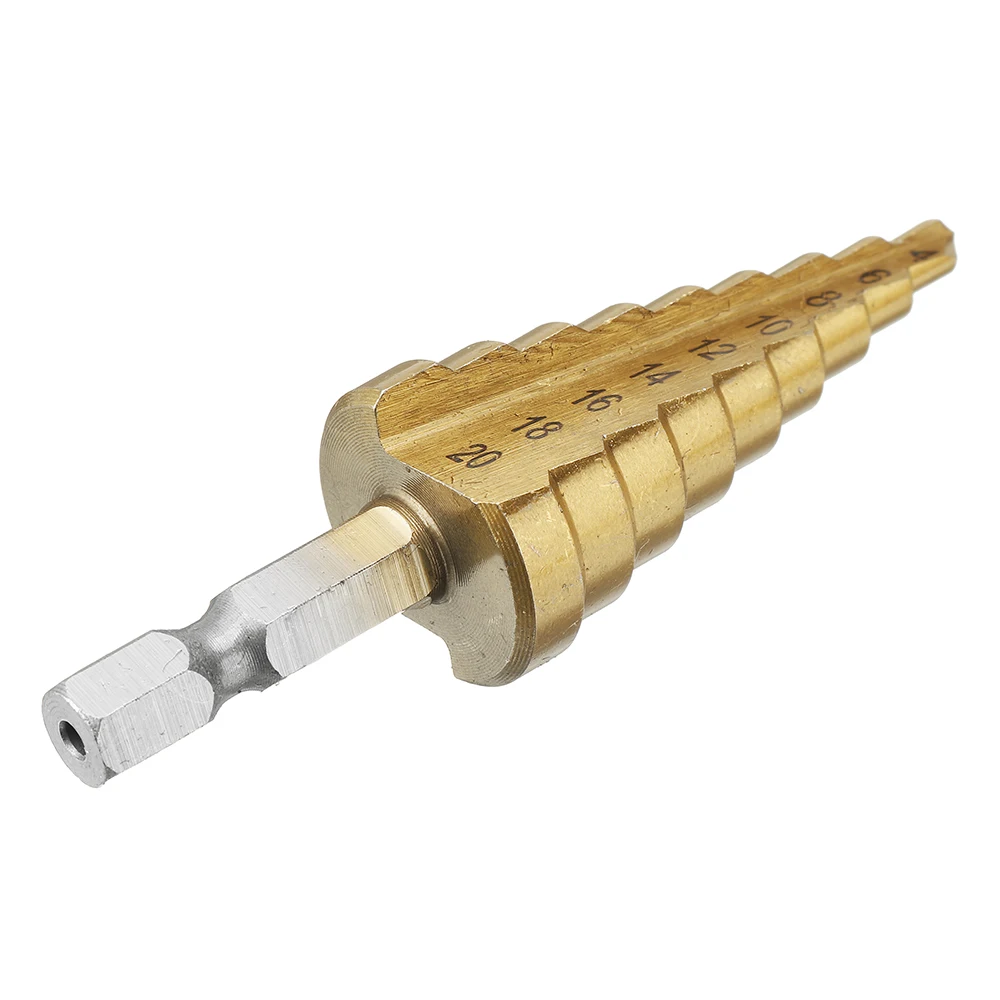 Drillpro-HSS Titanium Coated Step Drill Bit, Aço de alta velocidade, Metal, Cortador de madeira, Cone Drilling Tool, 3Pcs, 3-12, 4-12, 4-20mm, PCes 3