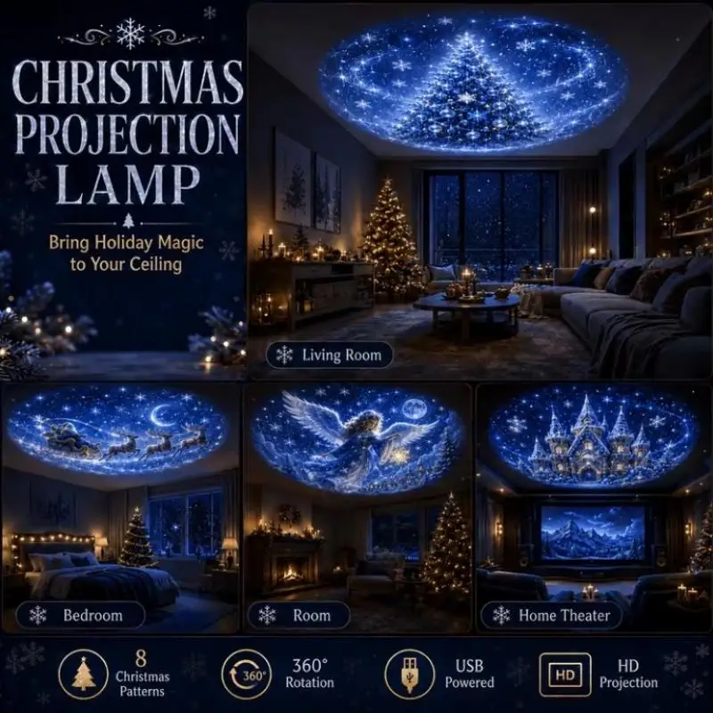 USB Christmas Projection Light 8 Replaceable Slides 360° Adjustable HD Projector Lamp Home Car Xmas Decor