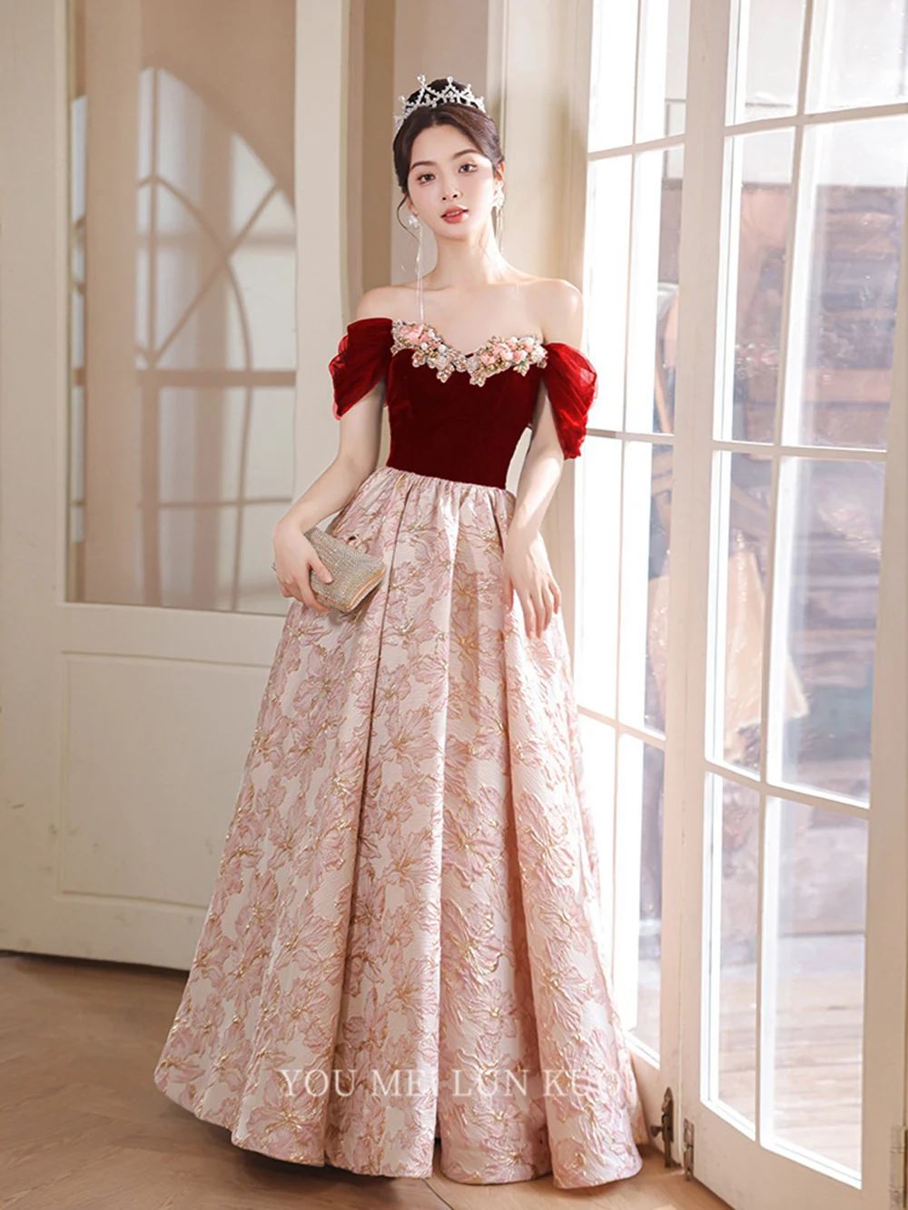 

Elegant Wine Red Evening Dress Women's Off Shoulder Patchwork Applique Prom Gowns Floor Length A-line Female Party Vestidos