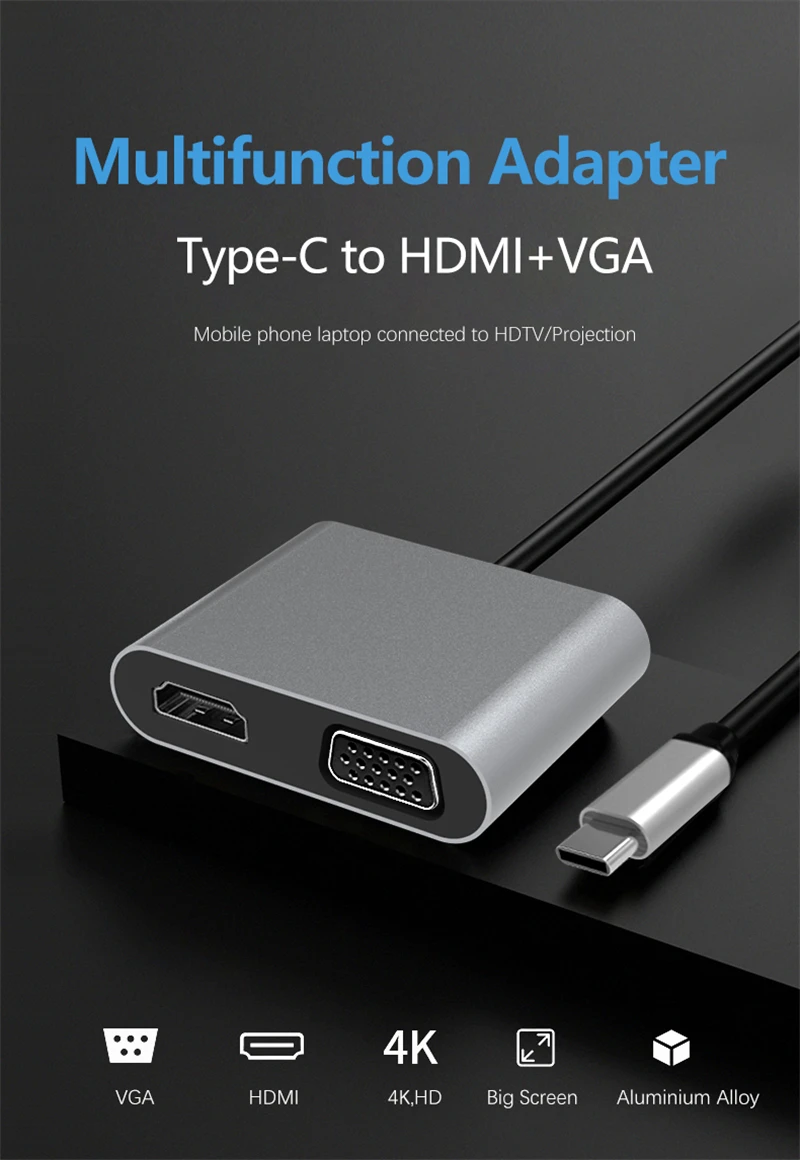 Type-C to HDMI 4k 60hz+VGA 1080P Converter Wire Laptop Computer Mobile Phone Tablet Projection Screen USB Expander