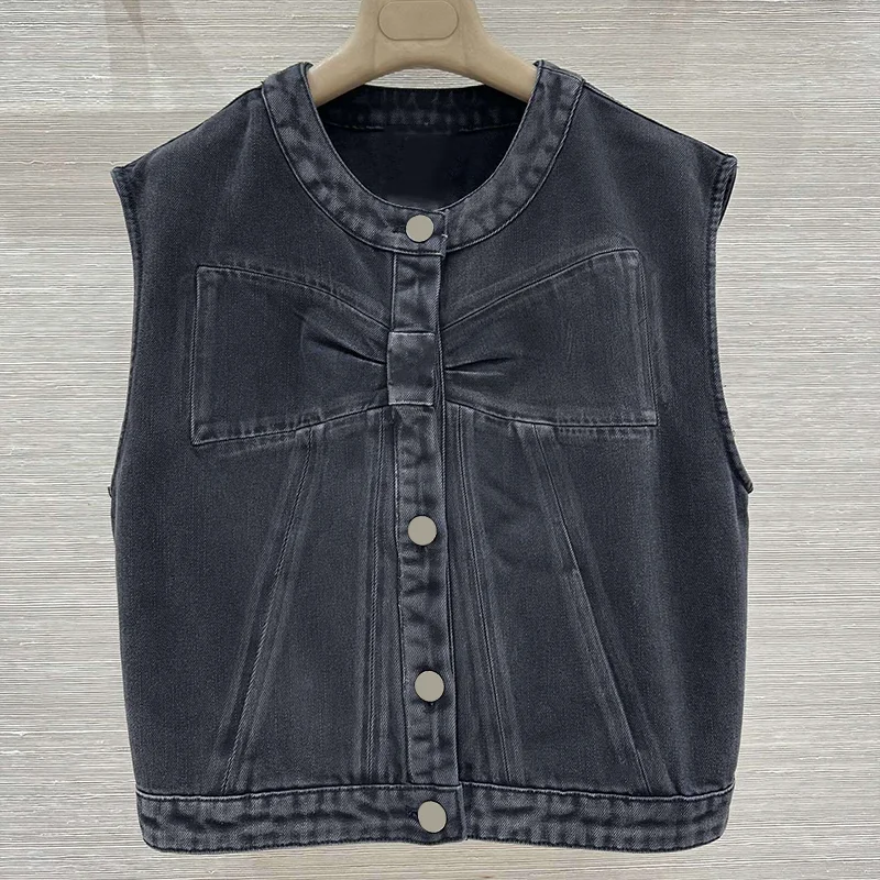 معطف جينز عالي الجودة بتصميم عالي الجودة من القطن بالكامل سترة نسائية محبوكة بفيونكة بدون أكمام ملابس خارجية 25110755