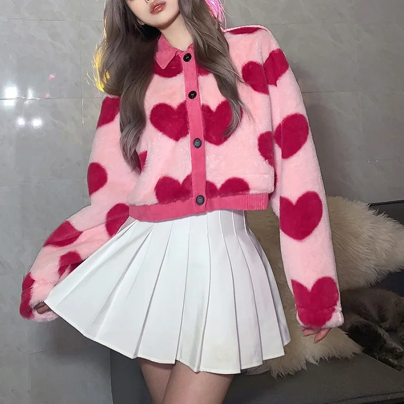 New Girls Pink Heart-shaped Women\'s Fleece Jacket Warm Winter Jacket Short Hooded Coat Autumn Winter y2k Sweatshirts