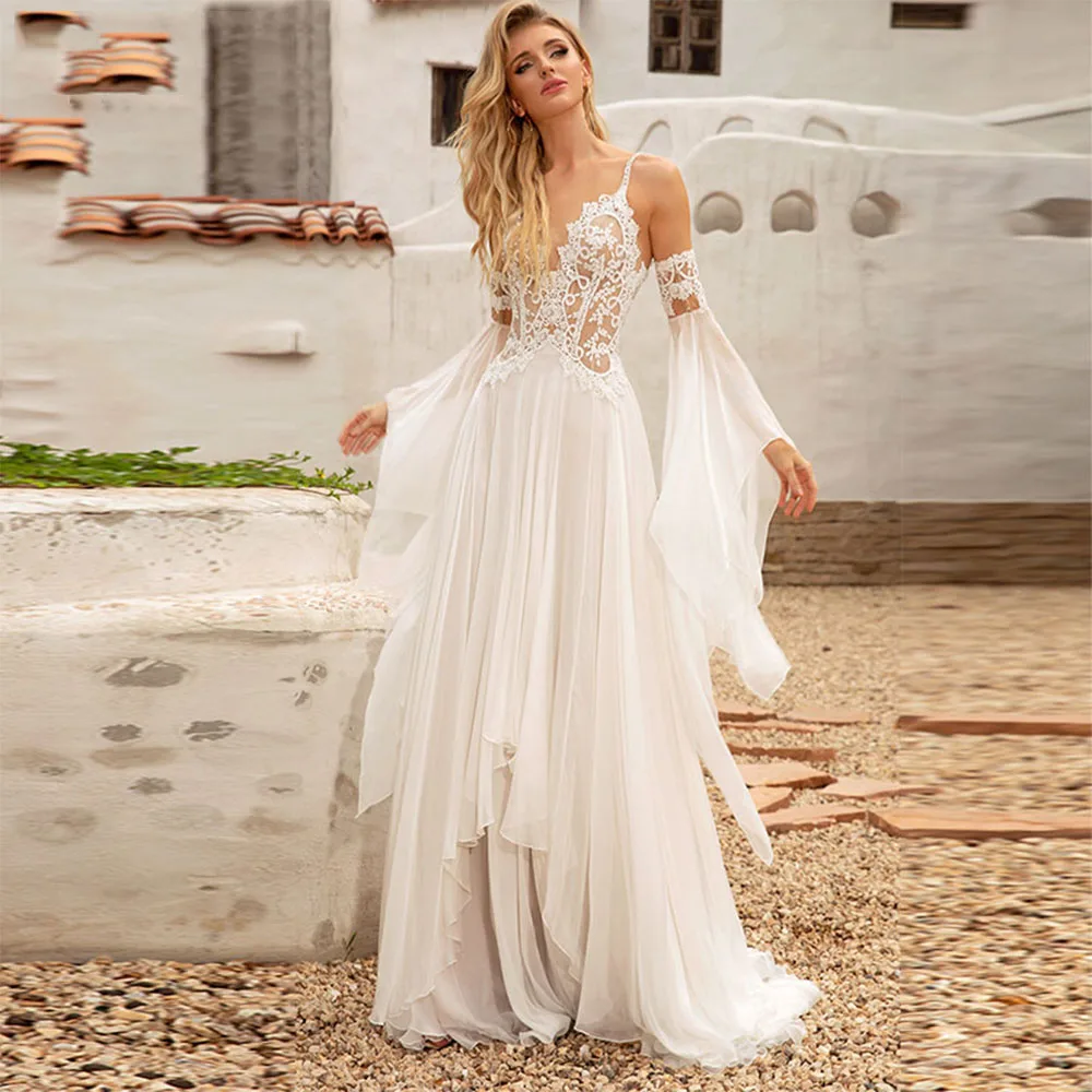 Spaghetti Boho Chiffon Beach Wedding Dresses Tiered Lace Bohemian Bride Wedding Gowns Long Sleeves Open Back vestidos de novia