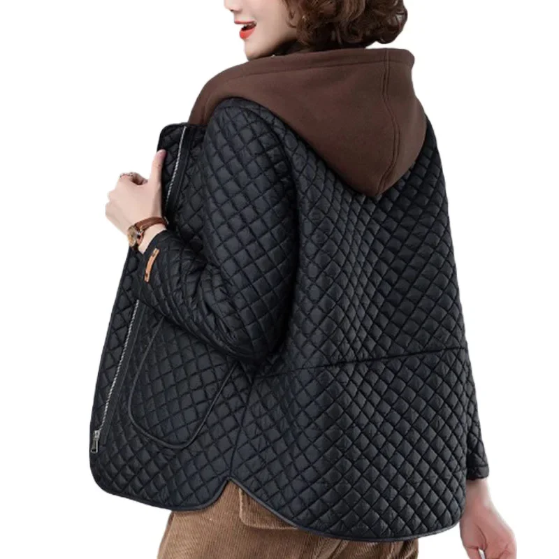 Autumn Winter Rhombus Jacket Women Lightweight Cotton Coat Fashion Middle Age Hooded Loose Spliced Pockets Female Casual Tops