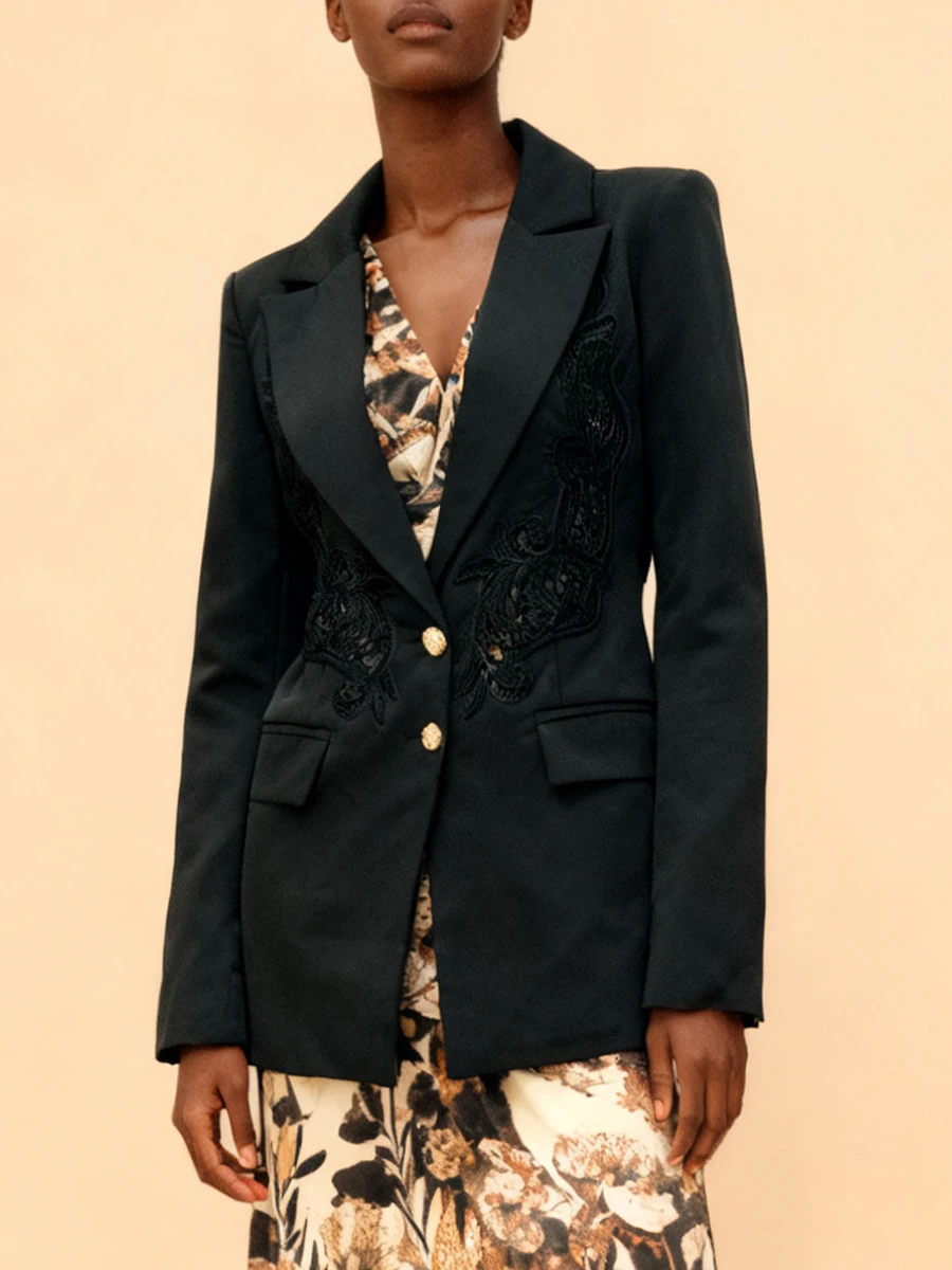 VGH Hollow Out Solid Embroidery Blazers For Women V Neck Long Sleeve Spliced Button Autumn Design Sense Jacket Female Fashion