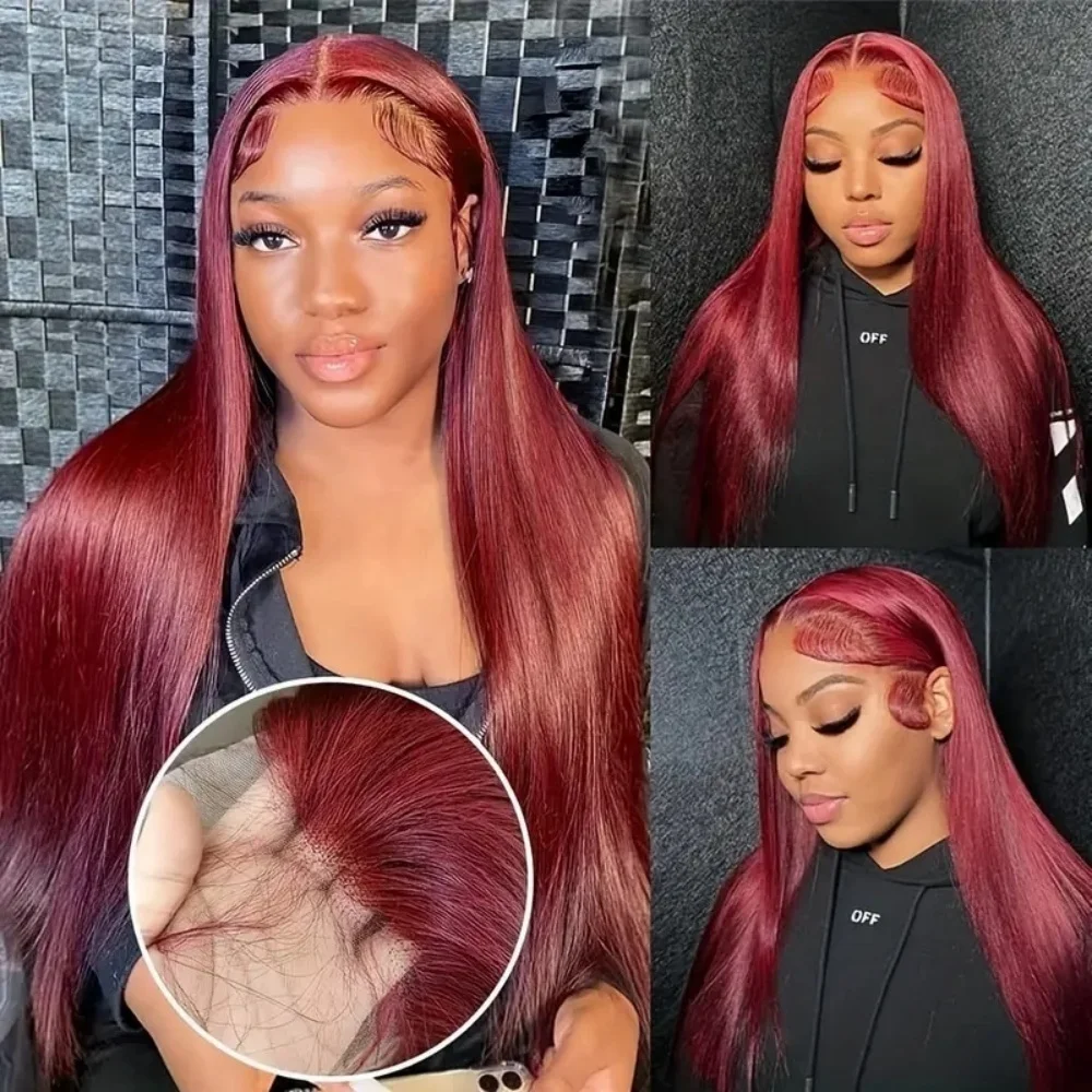 

Straight 13×4 Lace Front Wigs Human Hair Burgundy 220 Density Transparent Pre Plucked Red Color Lace Frontal Wigs For Women 99J