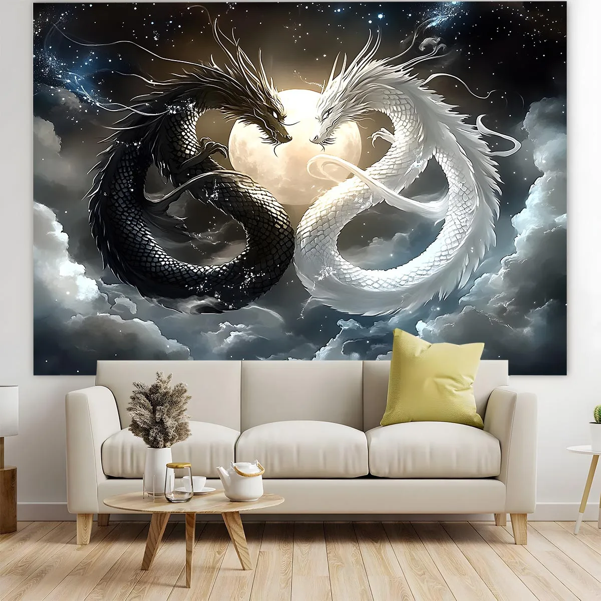 VIKAMA Yin Yang Double Dragon Tapestry Black and White Starry Sky Wall Carpet Majestic Star Moon Art Room Decoration