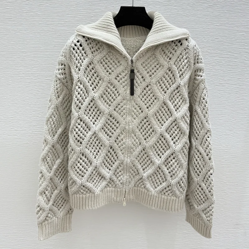 

High-quality women's thick cardigan with openwork check pattern and double zippers sweater simple 251016147