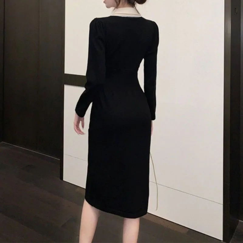 Temperamen Fashion Sping Autumn Dresses Women Solid V-Neck Corset Split Button Chic Long Sleeve Slim Loog A-line Knitted Dress