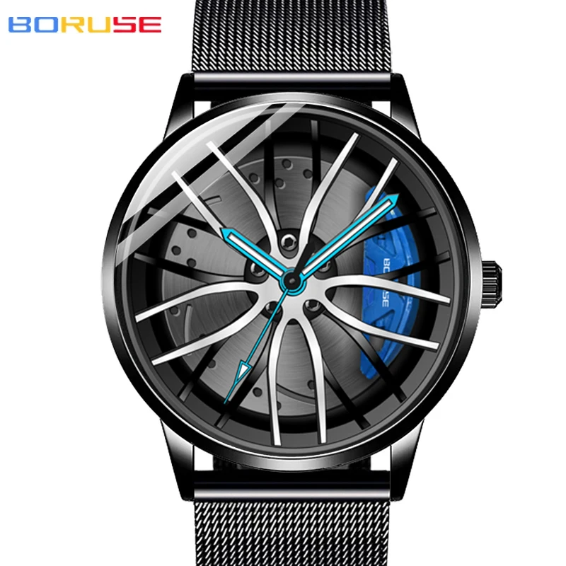 BORUSE Fashion Men\'s Car Wheel Watches Luminous Clock Luxury Men Mesh Belt Waterproof Quartz Watch relogio masculino