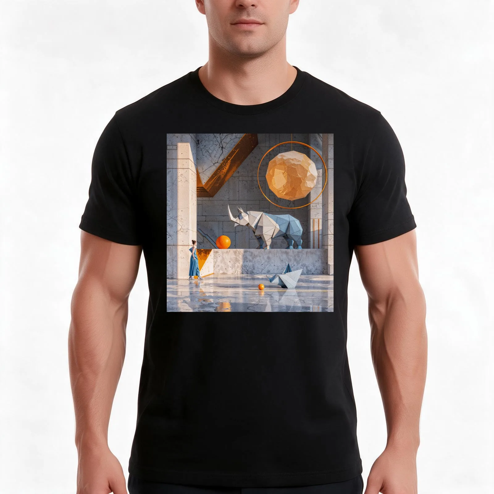 Animals geometry and minimalism: Rhinoceros and woman T-Shirt Summer Casual Cotton Tee Oversized Streetwear Tops 100% Cotton