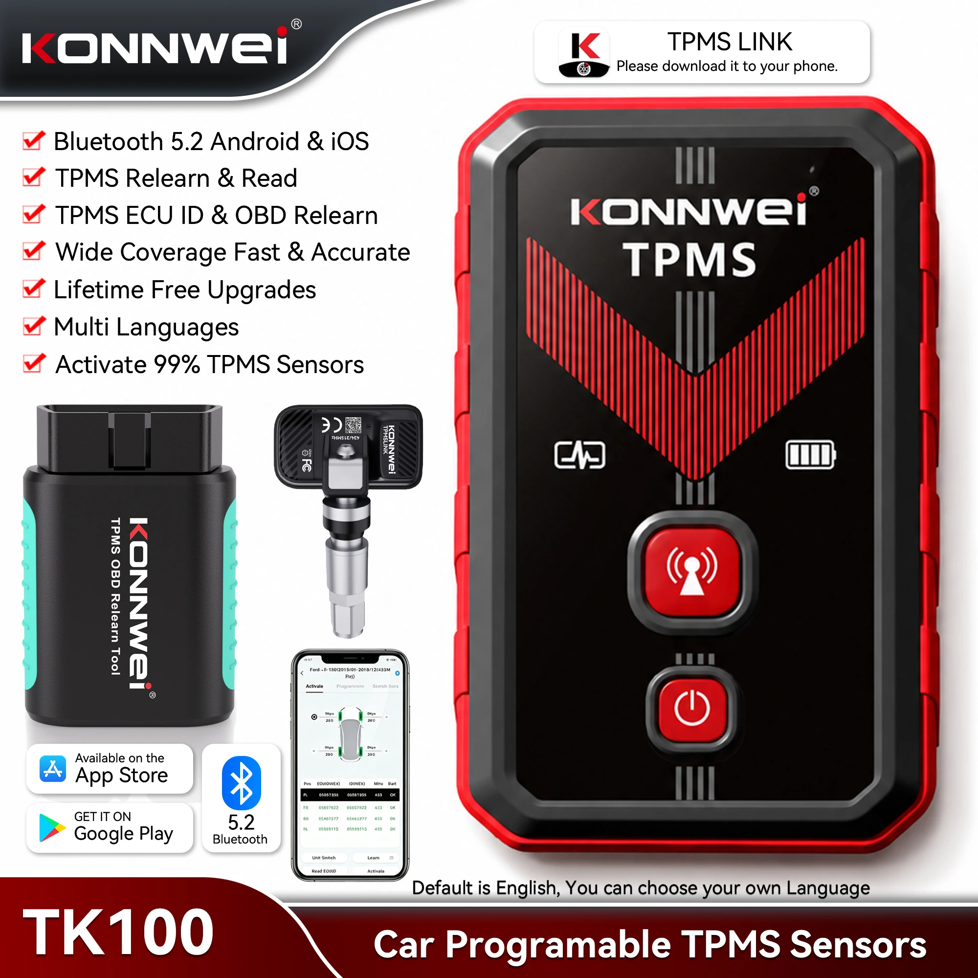KONNWEI TK100 TPMS Programming Tool for All Cars Trie Pressure Sensor Activator 315/433MHz TPMS Reset Tool Lifetime Free Upgrade